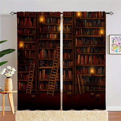 2panel Retro Library Printed Window Curtain Rod Pocket Semi Blackout Curtains