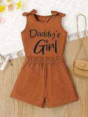 2pcs Girls Casual DADDY'S GIRL Letter Graphic Print Bow Shoulder Sleeveless Set