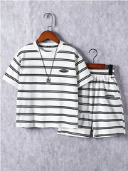 Boys Block Striped Outfit Shorts & T shirt Crew Neck Casual Summer Clothes