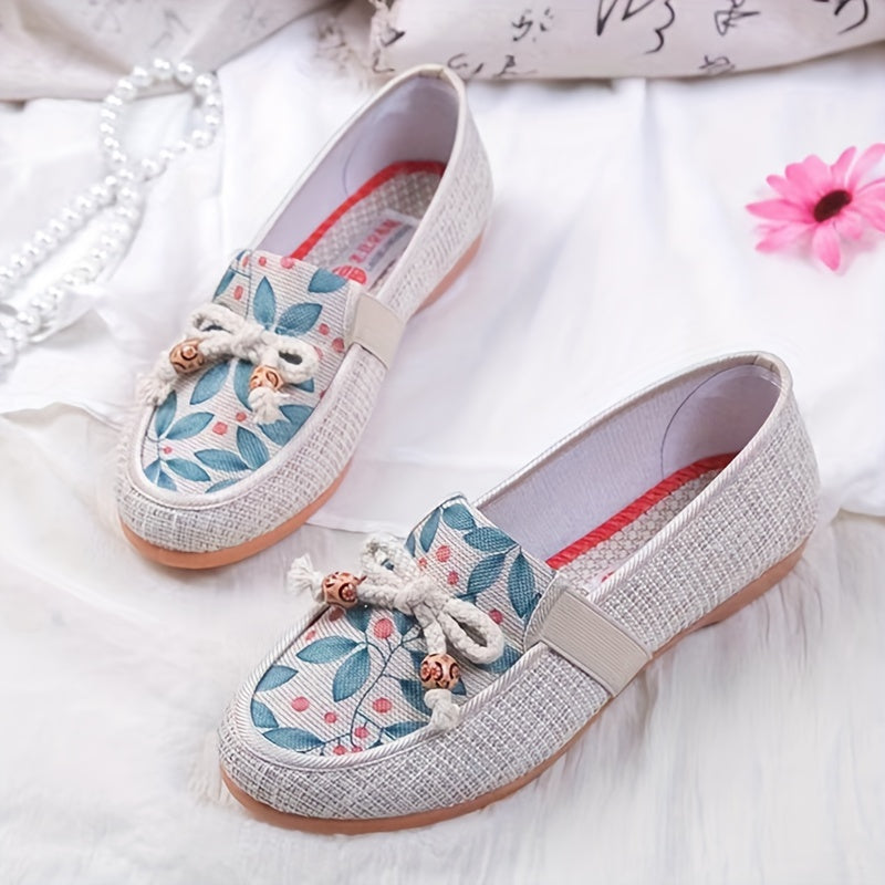 Women's Floral Printed Flat Shoes Comfy Bow Slip On Linen Shoes