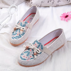 Women's Floral Printed Flat Shoes Comfy Bow Slip On Linen Shoes