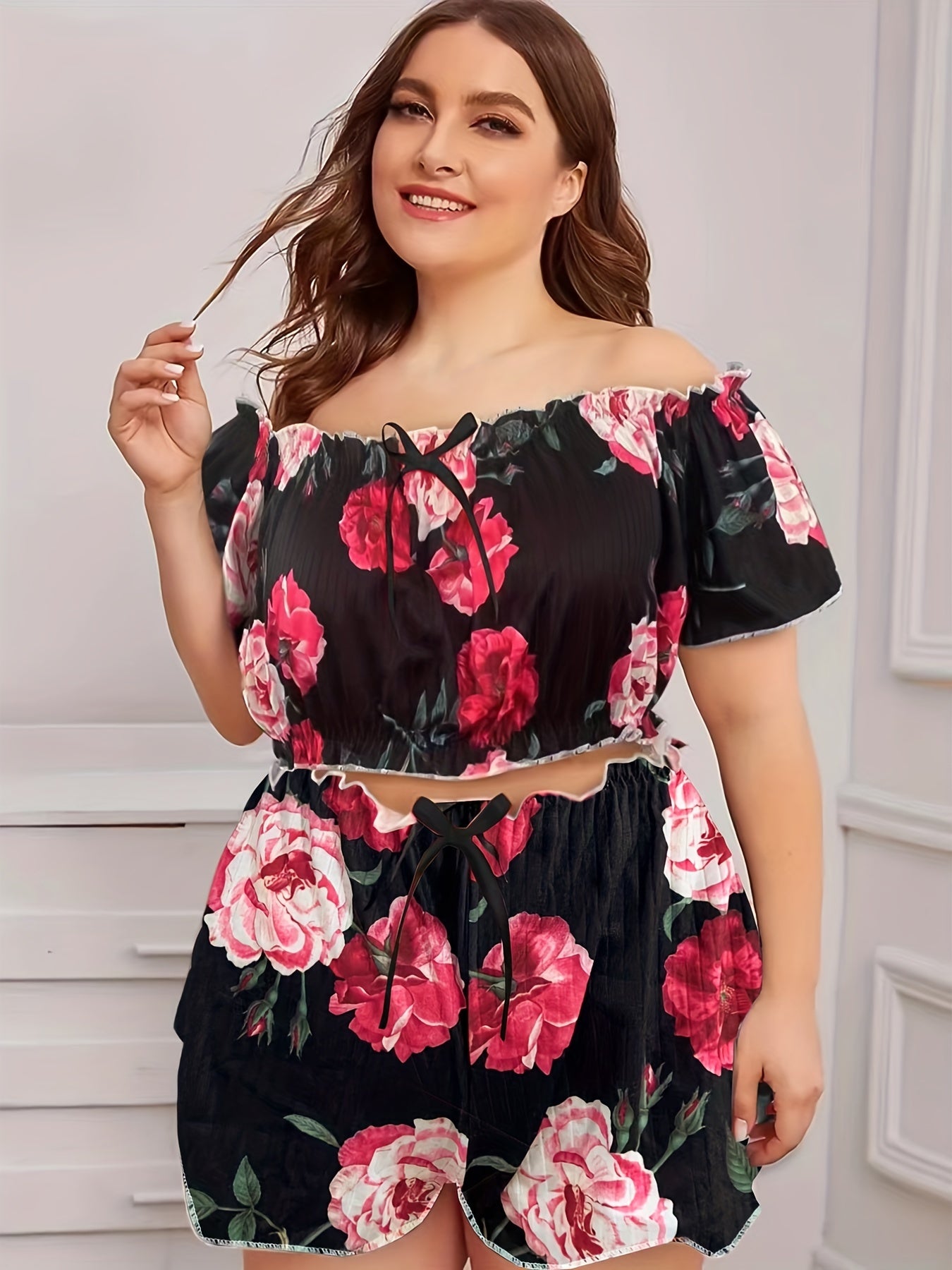 Rose Print Off Shoulder Crop Top & Shorts Pajama Set