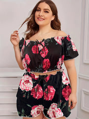 Rose Print Off Shoulder Crop Top & Shorts Pajama Set