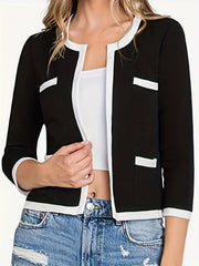 Block Open Front Jacket Crew Neck Comfy Outerwear
