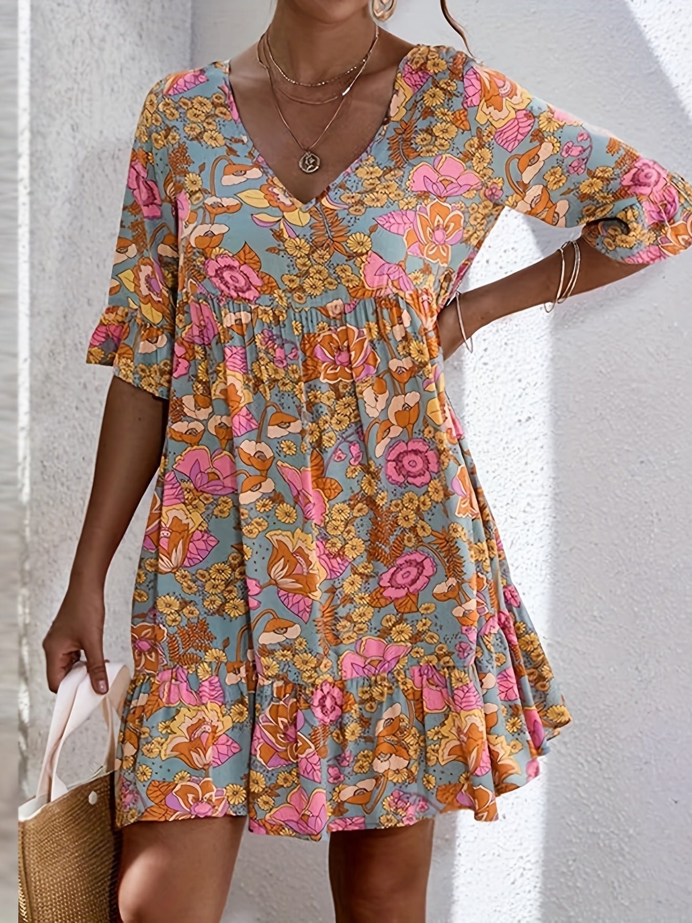 Floral Print Ruffle Trim V Neck Plus Size Boho Dress