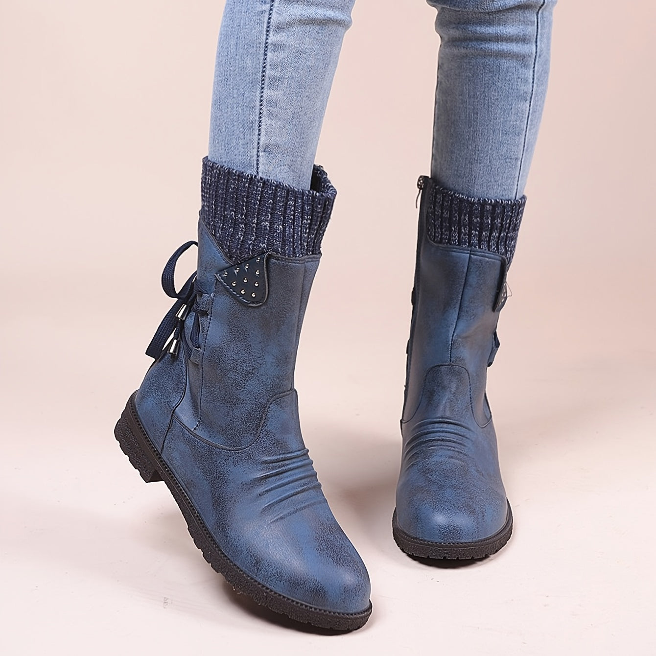Knitted & Faux Leather Panel Boots Tie Back Side Zip Boots