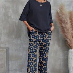 Casual 2pc Set Crew Neck T-shirt & Floral Wide Leg Pants