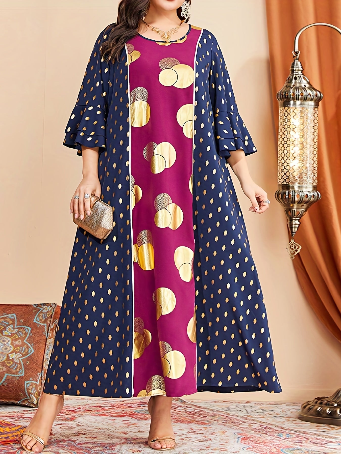 Boho Abaya Dress Women's Plus Golden Dot Print Layered Sleeve Maxi