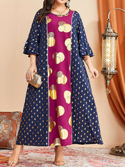 Boho Abaya Dress Women's Plus Golden Dot Print Layered Sleeve Maxi