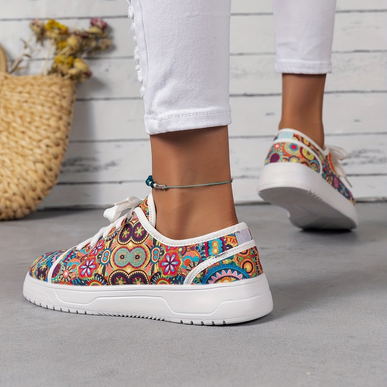 Women's Colorful Print Canvas Sneakers Lace Up Low Top Flat Shoes