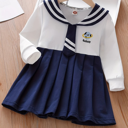 Girl's Embroidered Varsity Dress Navy Collar Long Sleeve Princess Dress