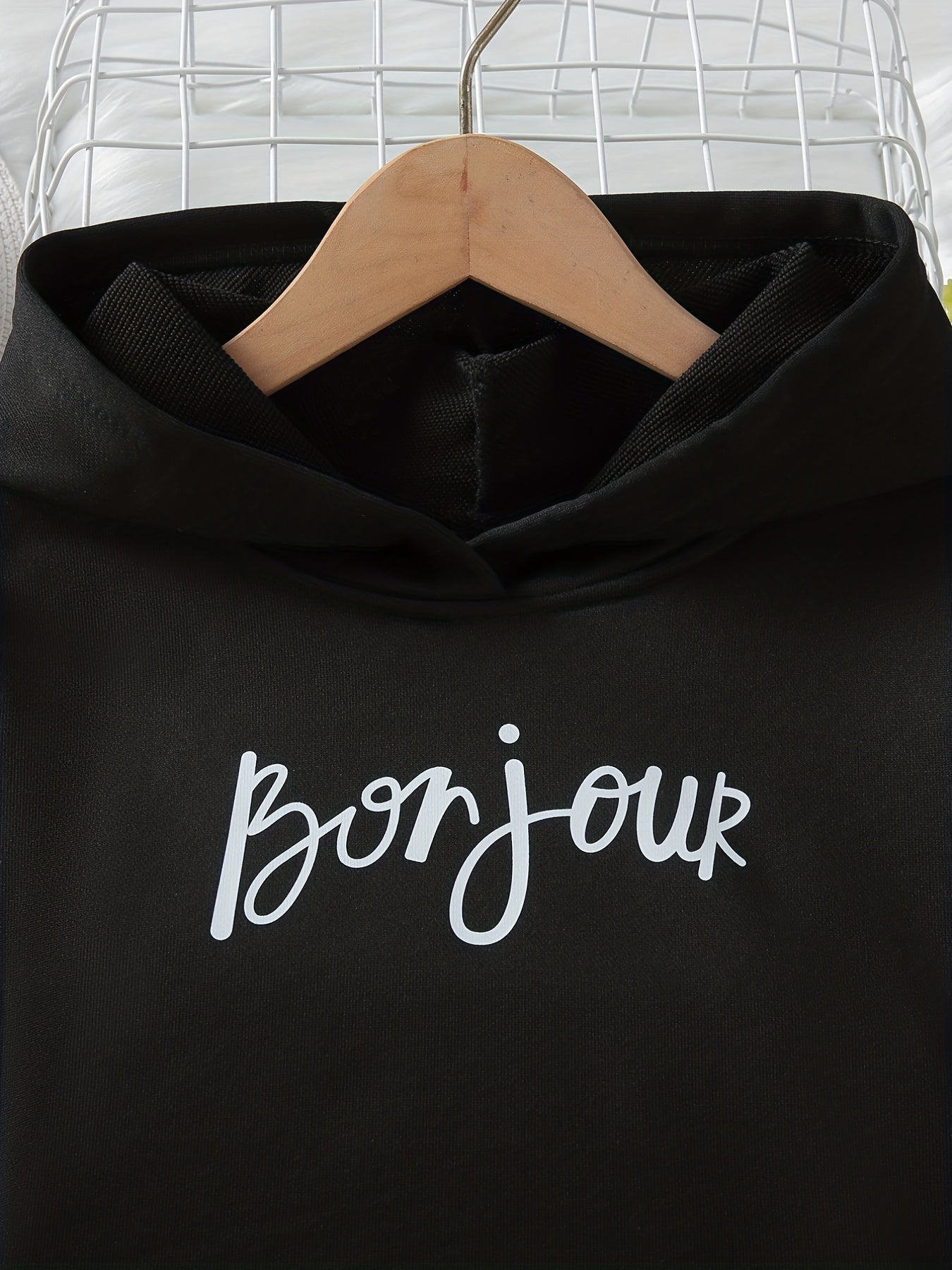 Girls 'Bonjour' Print Hooded Sweatshirt & Camo Cargo Pants Set