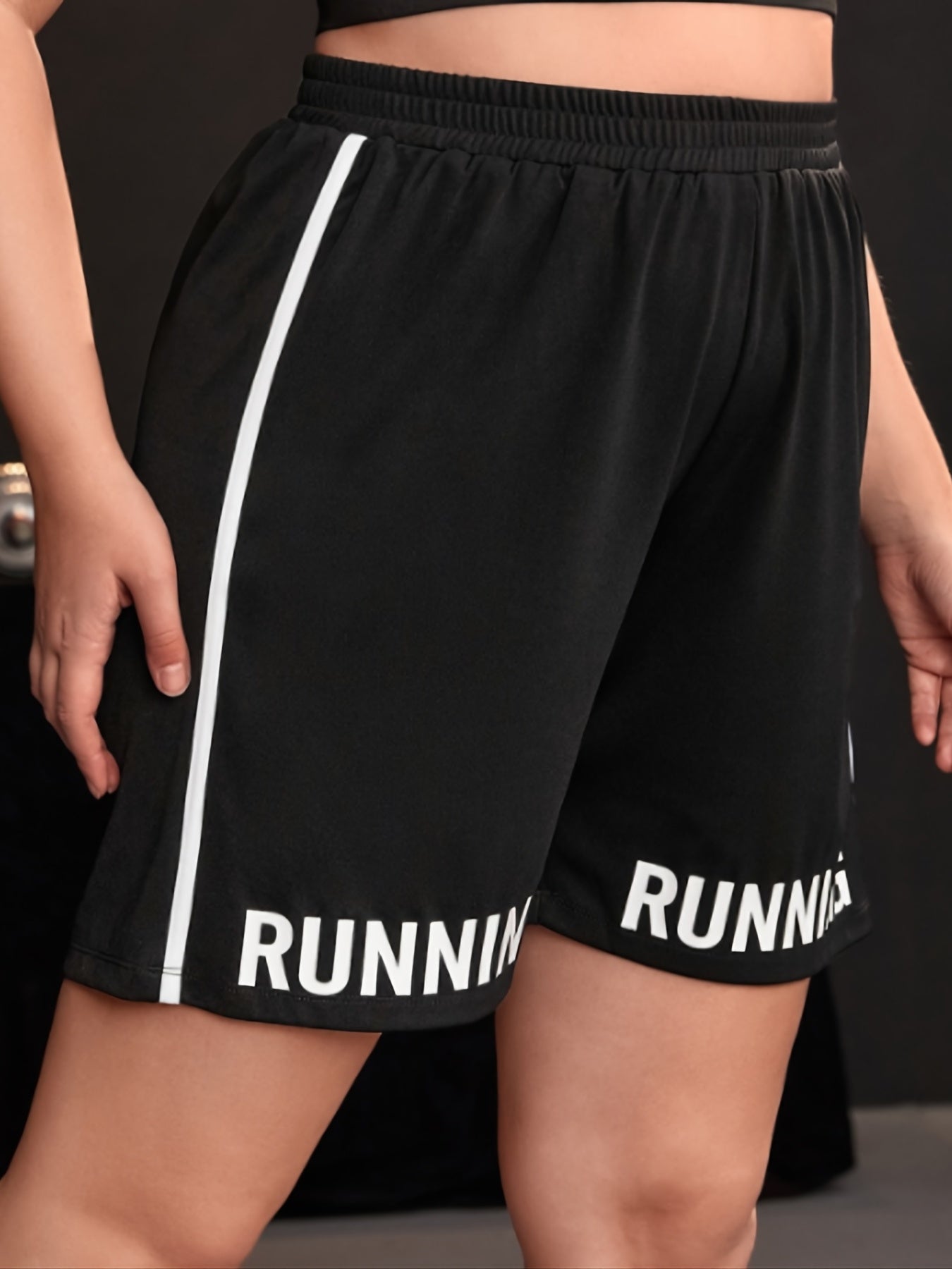 Letter Print High Waist Sports Shorts Women's Plus Medium Stretch Fitn