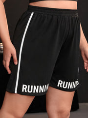 Letter Print High Waist Sports Shorts Women's Plus Medium Stretch Fitn