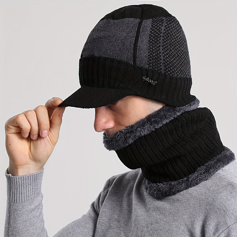 Knit Hat & Scarf Set for Men and Women, Windproof Beanie with Fleece Lining