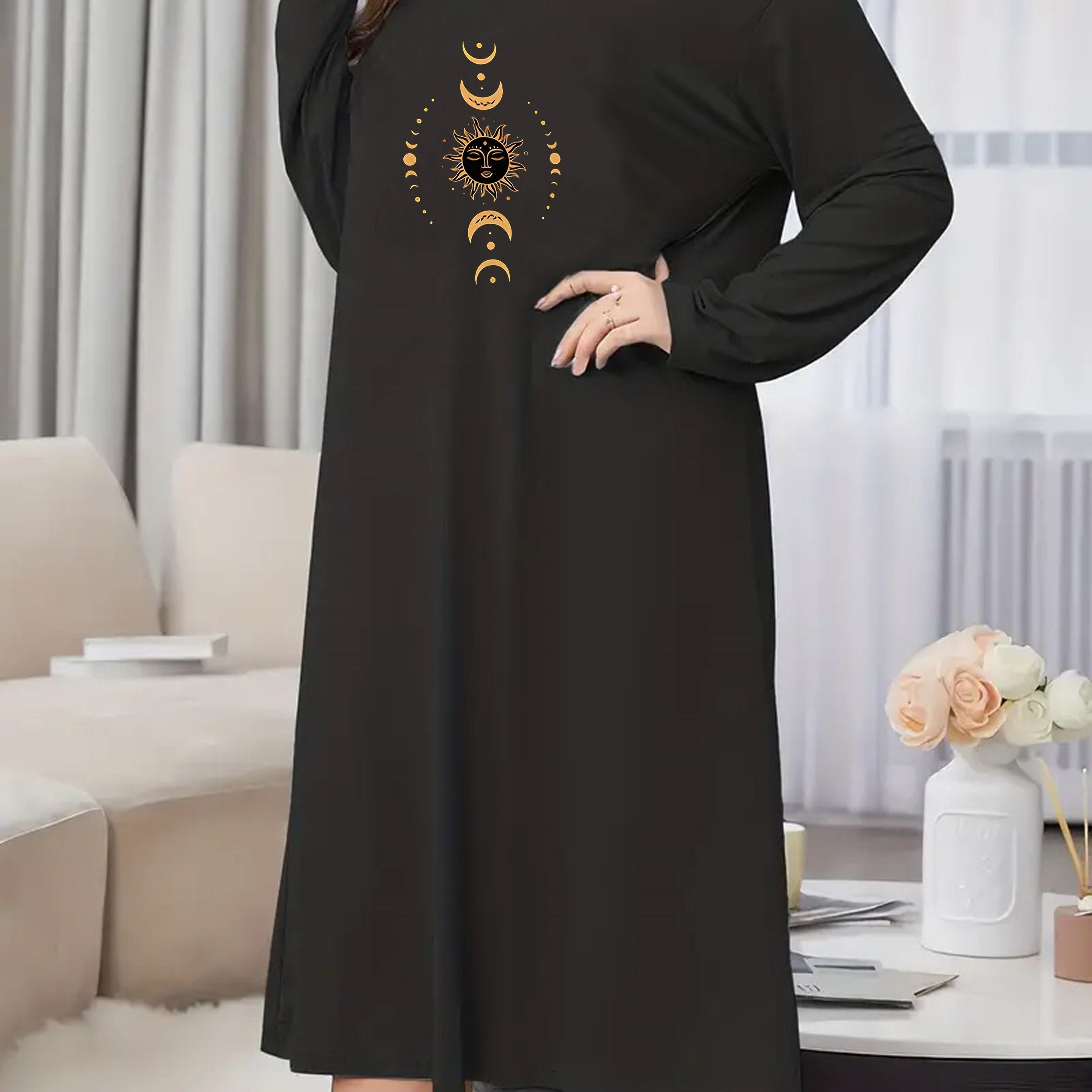 Women's Plus Sun & Moon Print Long Sleeve Nightdress