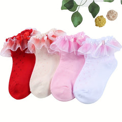 3 Pairs Girls Lace Ruffle Bow Socks for Autumn & Spring