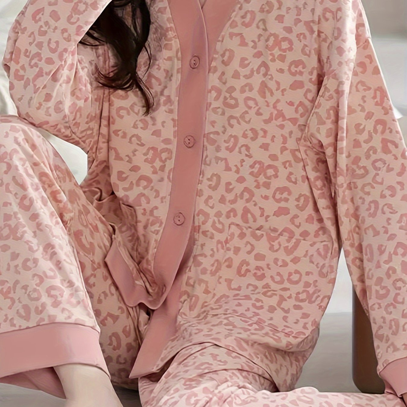 Leopard Print Pajama Set Long Sleeve Top & Pants