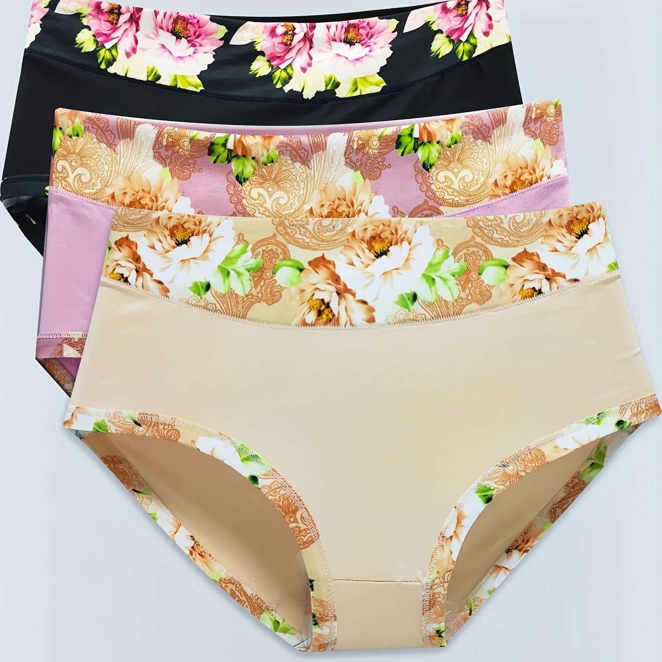 3pcs Floral Print Briefs Comfy Breathable Intimates Panties Women's Lingerie