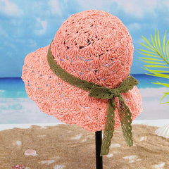 Lace Strap Sun Hat UV Protection Hollow Crochet Straw Hat Solid Bucket Hat