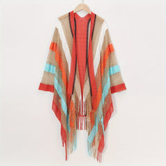 Boho Hollow Out Knitted Shawl Rainbow Striped Tassel Wrap Cover Up