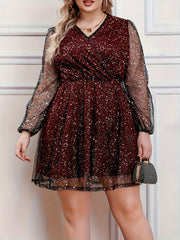Plus Glitter Sequin Mini Dress Lantern Sleeve V Neck Stretch
