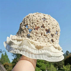 Ruffles Lace Bucket Hat Crochet Breathable Beach Sun Hats For Women