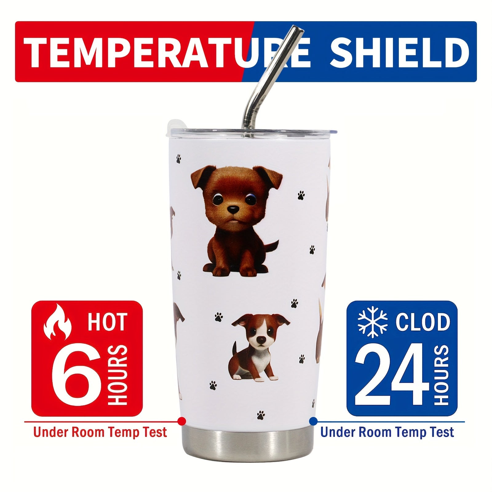 20oz Stainless Steel Insulated Tumbler With Straw & Lid Dog Design