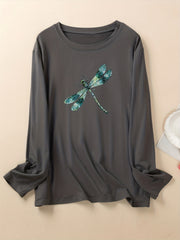Dragonfly Print Plus Size Long Sleeve Pajama Top