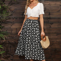 Boho Floral Print High Waist Tiered Skirts A Line
