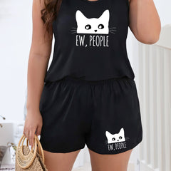 Cat & Letter Print Tank Top & Shorts Pajama Set