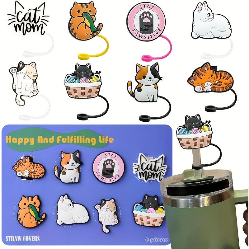 8pcs Cartoon Cat Straw Covers Reusable Silicone Drinking Straw Stopper