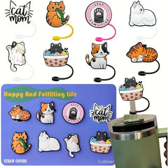 8pcs Cartoon Cat Straw Covers Reusable Silicone Drinking Straw Stopper