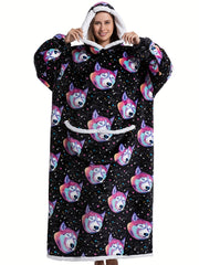 Raccoon Pattern Sherpa Fleece Hooded Long Robe