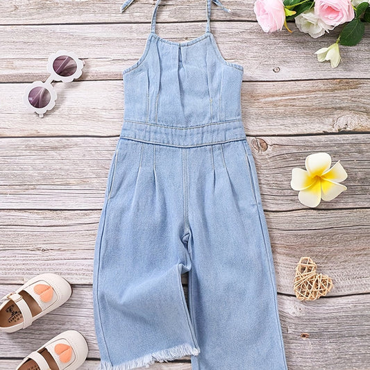 Girls Denim Overalls Halterneck Backless Jumpsuit