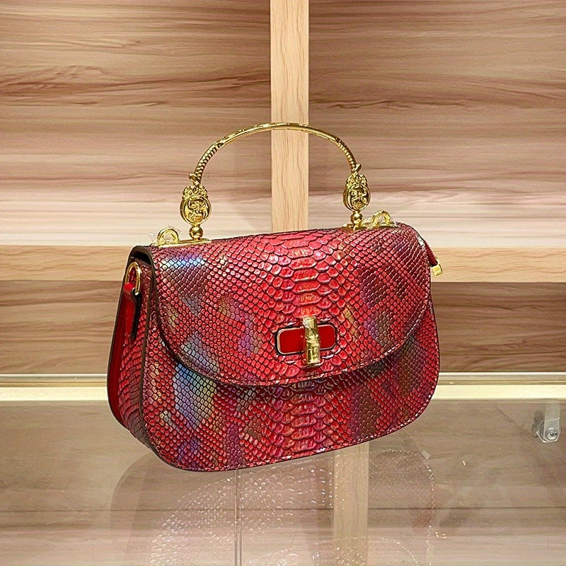 Women's Convertible Crossbody Handbag Snake Texture Beige Golden Tone