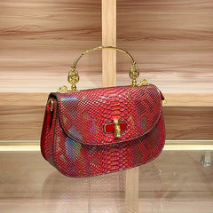 Women's Convertible Crossbody Handbag Snake Texture Beige Golden Tone
