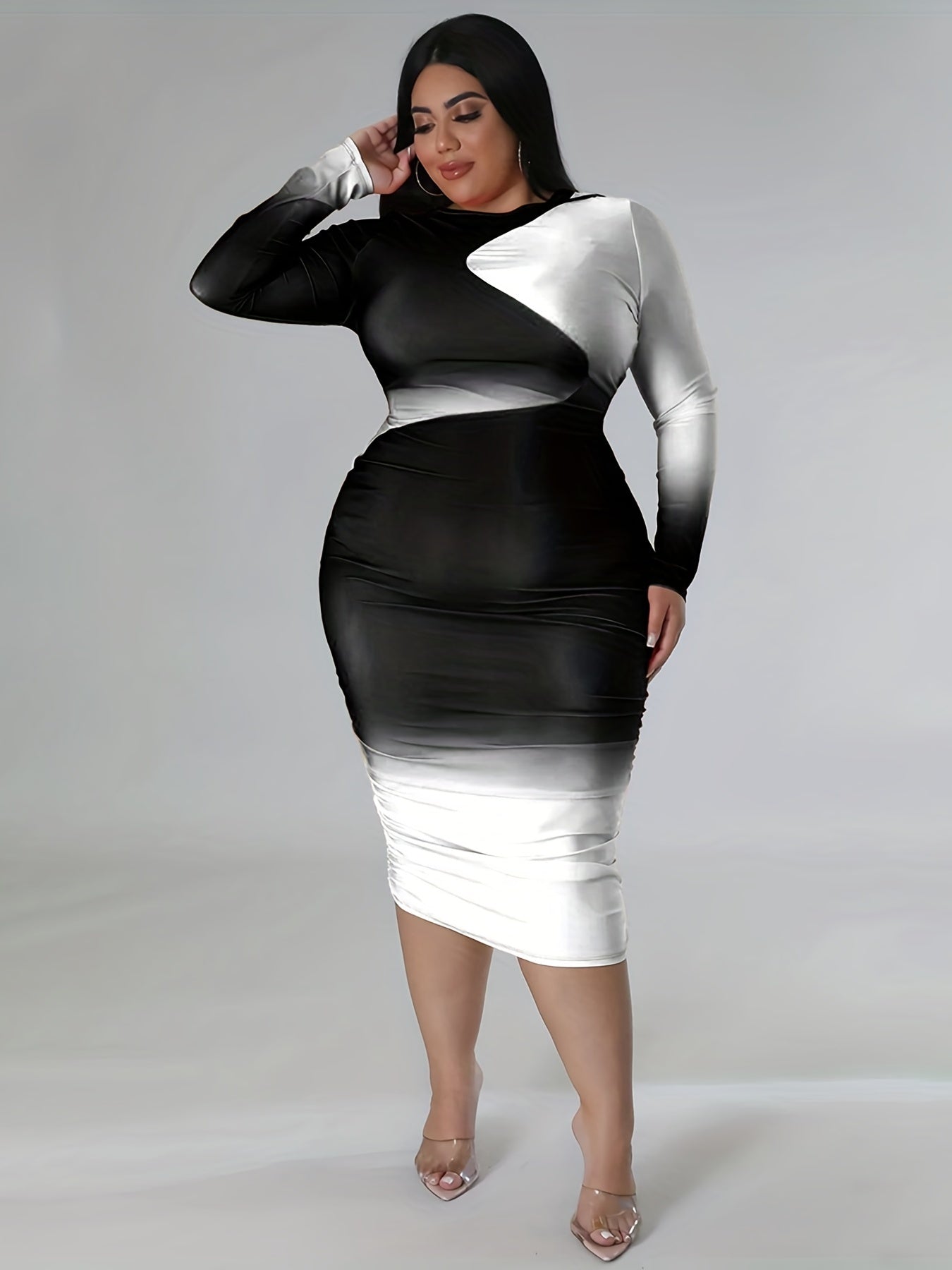 Women's Plus Ombre Print Long Sleeve Round Neck Midi Dress