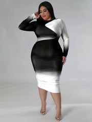 Women's Plus Ombre Print Long Sleeve Round Neck Midi Dress