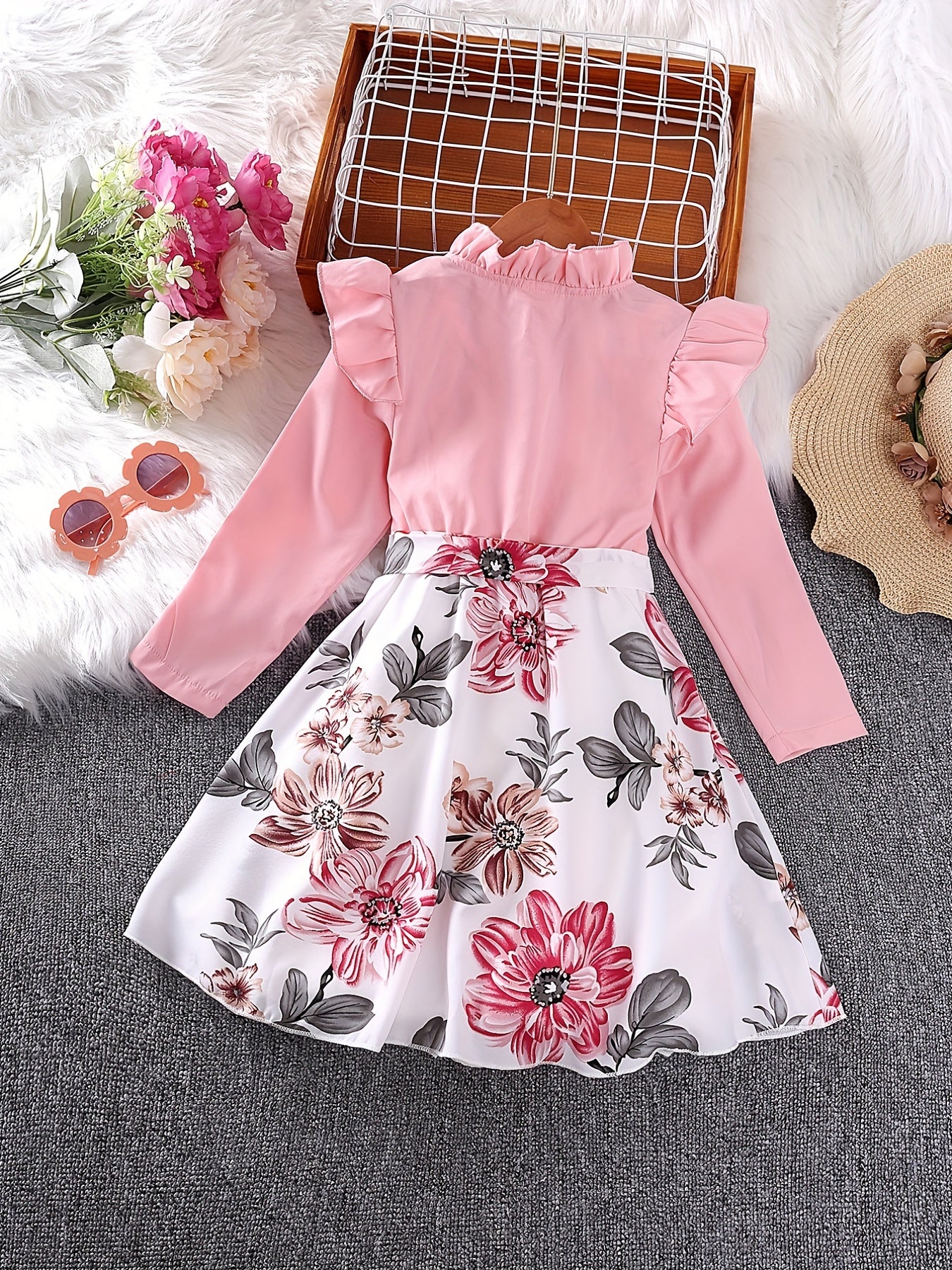 Girls' Ruffle Collar Button Front Floral Tunic Dress