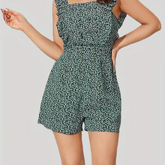 Floral Print Drawstring Romper Jumpsuit Sleeveless Ruffle Trim