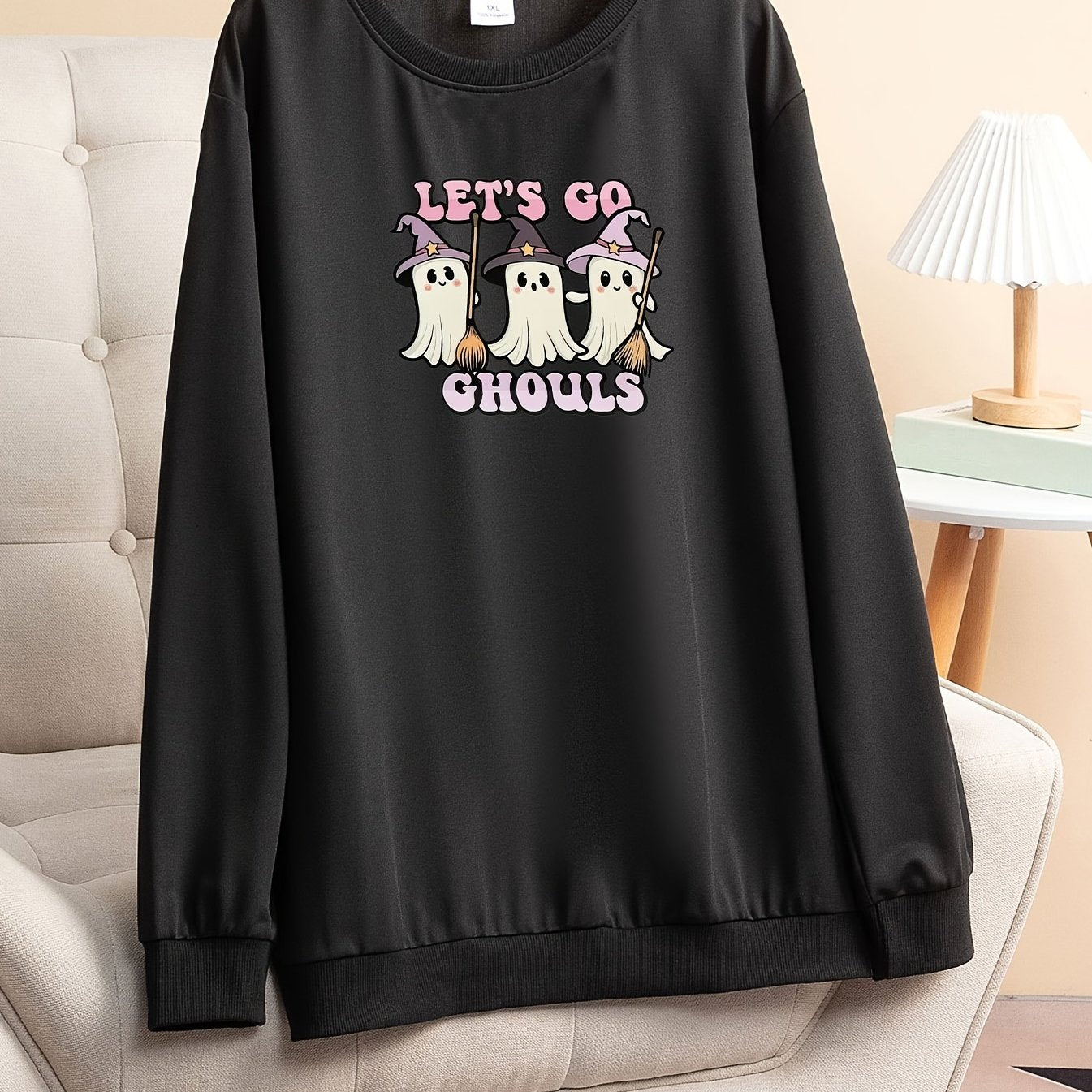 Casual Loungewear Top Women's Plus Slogan & Ghost Print