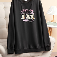 Casual Loungewear Top Women's Plus Slogan & Ghost Print