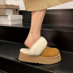 Women's Plush Lined Platform Mules Warm & Comfy Closed Toe