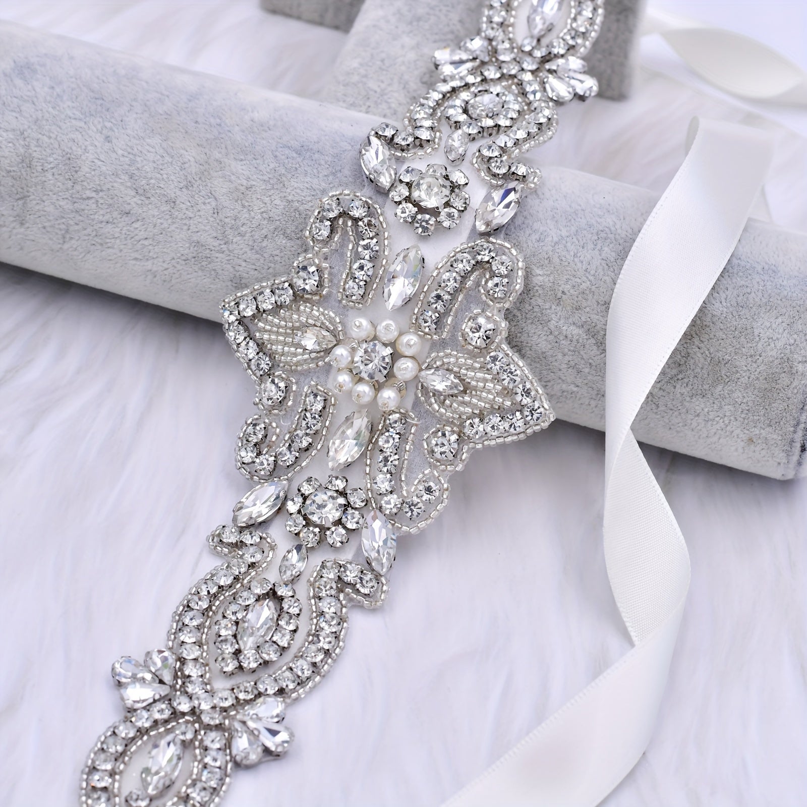 Rhinestone Bridal Sash Faux Pearl Wedding Waistband