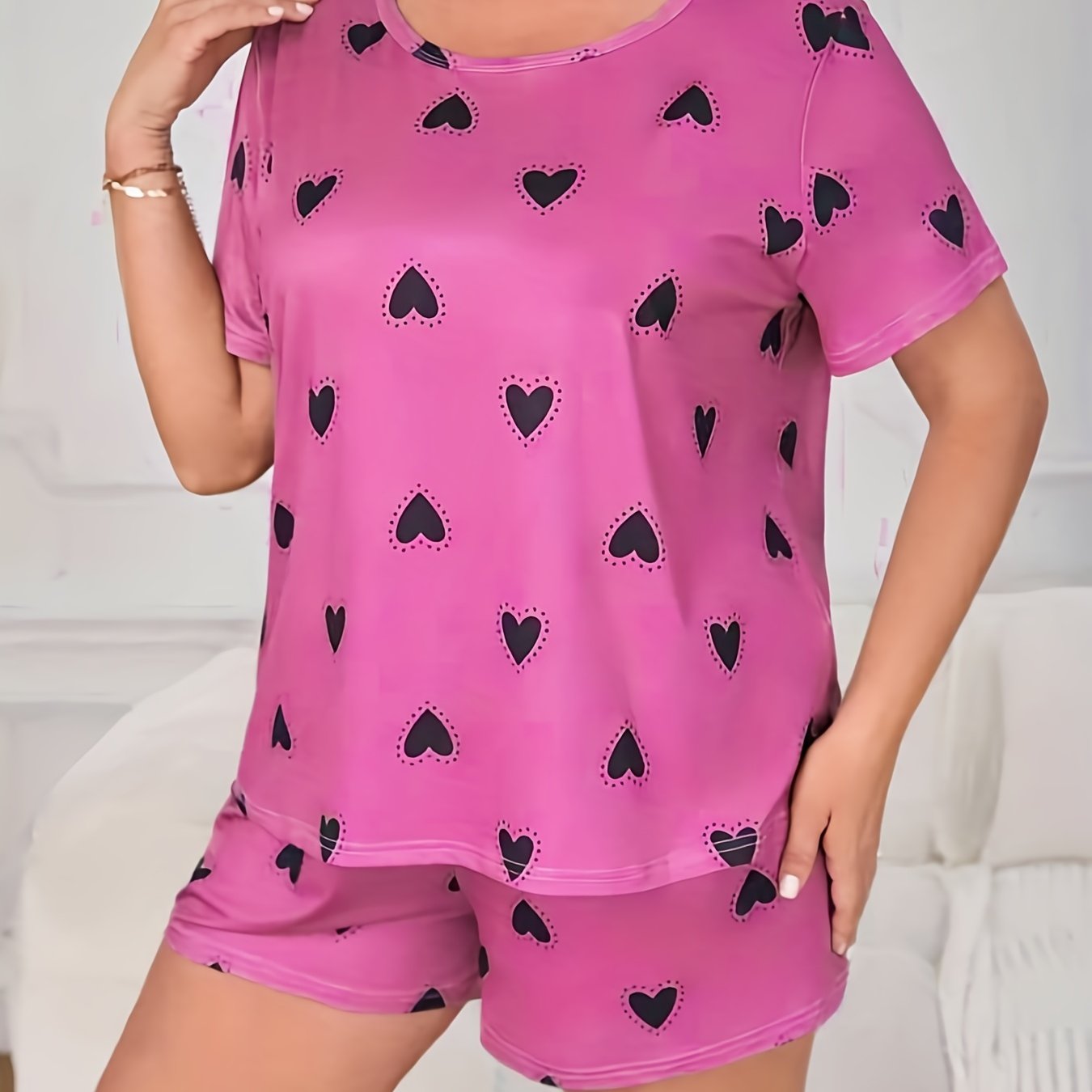 Women's Dot Heart Print Tee & Shorts Lounge Set