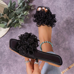 Women's Flower Slide Sandals Square Open Toe Flat Slides