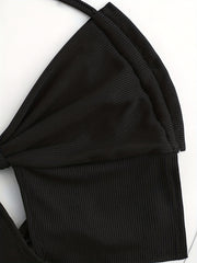 Ribbed Gathered Crop Halter Top Y2K Tie Back Summer Sleeveless Top