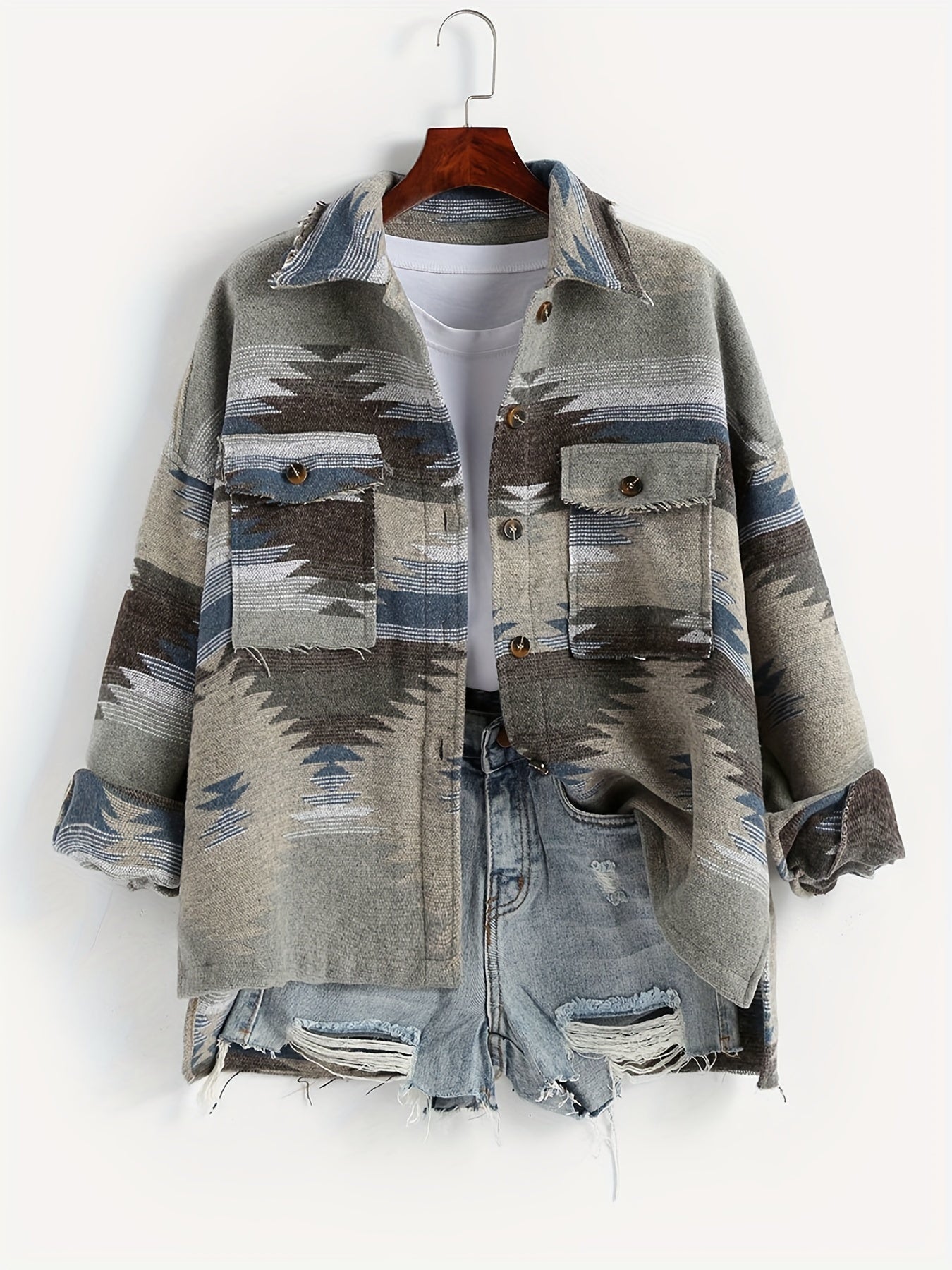 Graphic Print Flap Pockets Jacket for Fall & Winter