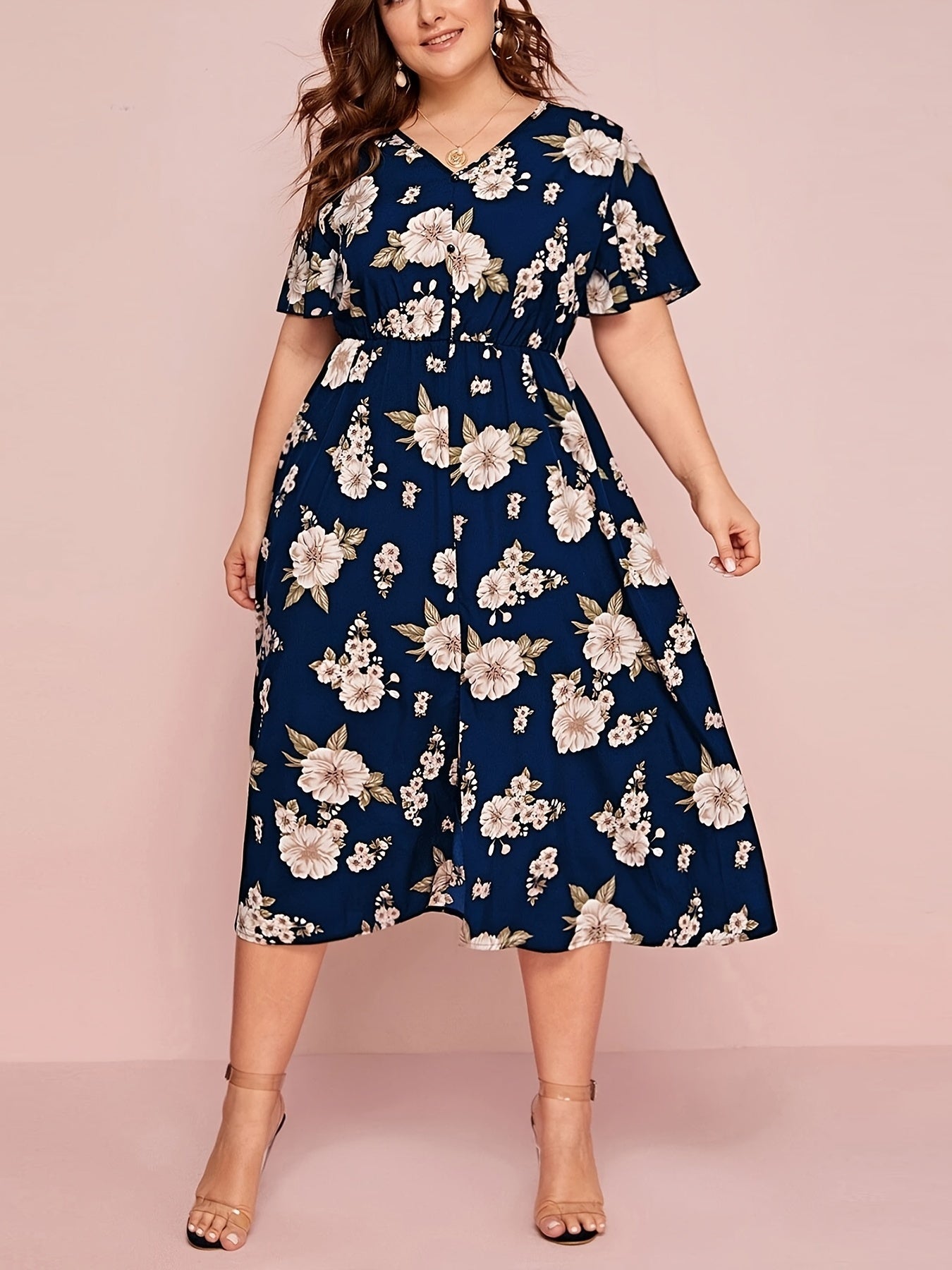 Floral Print Short Sleeve V Neck Dress
